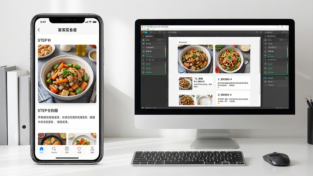 一张展示家常菜食谱APP在手机和电脑模拟器上同时运行的图片,画面左侧为手机屏幕显示菜谱步骤,右侧为电脑屏幕显示模拟器中的软件界面。背景为整洁的书桌,摆放着键盘和鼠标。布局采用左右对比构图,风格为科技感产品展示风格,细节包括设备边框清晰、界面内容可辨、光影自然。画质高清,画面干净,无多余元素。