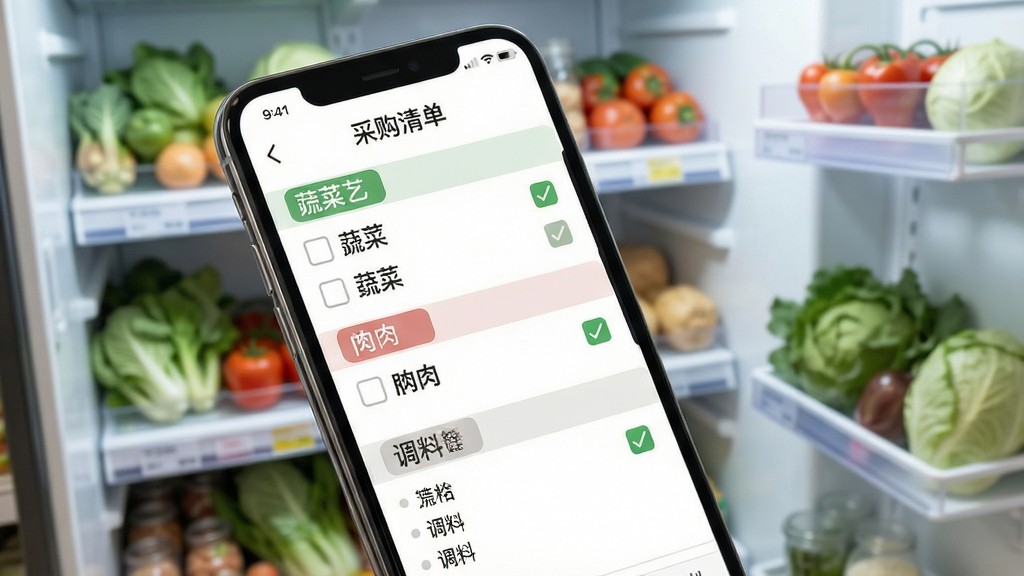 一张展示家常菜食谱APP食材清单功能的图片,画面主体为手机屏幕,屏幕中显示一份采购清单,包含蔬菜、肉类、调料等分类,每项前有勾选框。背景为超市货架或冰箱内部,摆放着新鲜食材。布局采用斜角特写构图,风格为简洁实用的生活记录风格,细节包括清单条目清晰、分类标签明显、勾选状态直观。画质高清,画面干净,无多余元素。