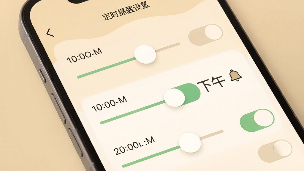 放松两下吧提醒设置界面,画面为手机屏幕显示定时提醒设置页面,页面上有多个时间滑块和开关按钮,其中一个开关处于开启状态并显示下午三点字样,旁边有一个小铃铛图标,背景为温暖的米黄色,风格为清新简约风,细节上滑块圆润,文字清晰易读,画质高清,画面干净无多余元素