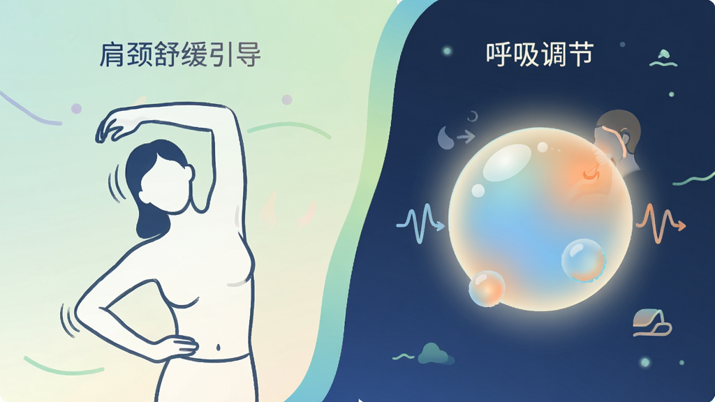 放松两下吧功能展示图,画面采用分屏布局,左侧显示肩颈舒缓引导界面,有一个人物轮廓正在做拉伸动作的简笔画示意,右侧显示呼吸调节界面,有一个随着呼吸节奏放大缩小的光球,两个界面之间用柔和的曲线分隔,风格为清新插画风,细节上色彩过渡自然,图标设计简洁,画质高清,画面干净无多余元素