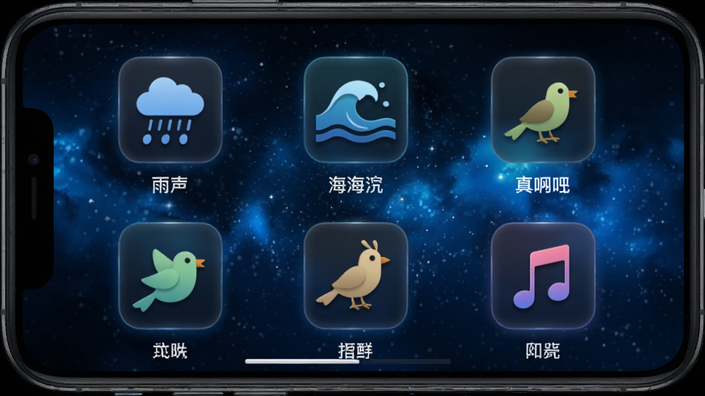 放松两下吧音效选择界面,画面展示手机屏幕内排列着多个音效图标,图标分别代表雨声、海浪、鸟鸣和音乐符号,每个图标下方有对应的文字标签,背景为深蓝色星空渐变,风格为暗色系科技风,细节上图标带有微弱的发光效果,排版整齐有序,画质高清,画面干净无多余元素