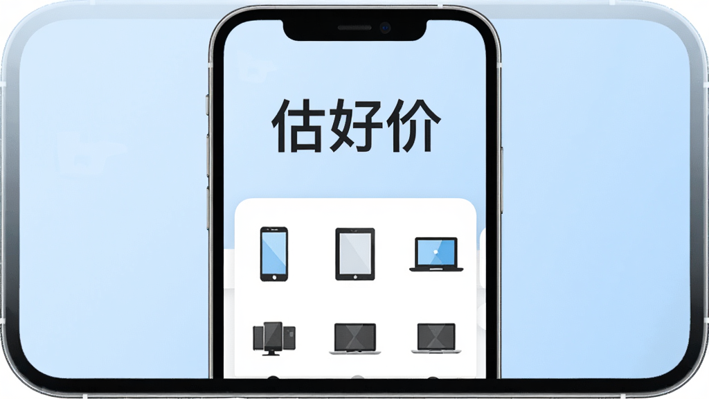 估好价手机应用界面展示图,画面中央是一部智能手机,屏幕上显示估好价APP的首页估价界面,上方有“估好价”三个大字,下方是手机、平板、笔记本等品类图标整齐排列,背景是柔和的浅蓝色渐变,整体风格清新简洁,扁平化设计,细节清晰,画质干净,无多余元素,适合软件下载站展示