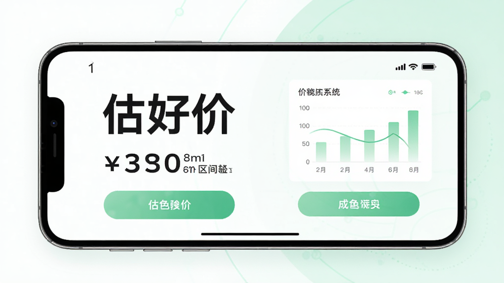 估好价智能估价系统界面图,画面中一部手机横屏展示估价结果页面,屏幕上用大号字体显示“估好价”和价格区间数字,旁边有图表和成色选项按钮,背景为白色和淡绿色搭配,风格科技感强,细节清晰,画质干净,无多余元素