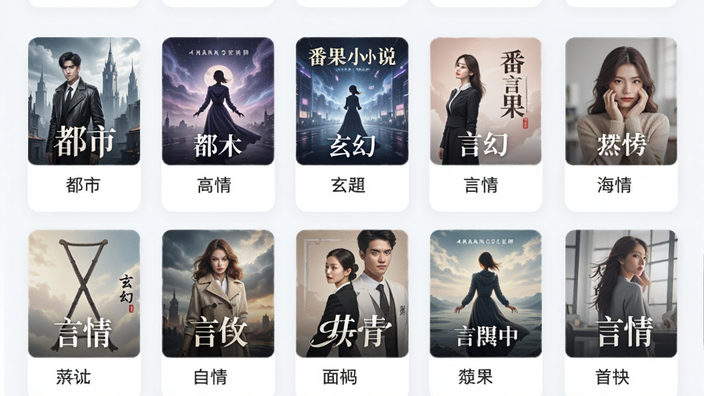 番果小说免费听 海量有声资源分类页面,主体为手机屏幕中展示多个小说分类卡片,布局为网格状排列,排版层次分明,风格为清新浅色系UI,细节包含都市、玄幻、言情等分类标签与封面缩略图,画质高清,干净,无多余元素