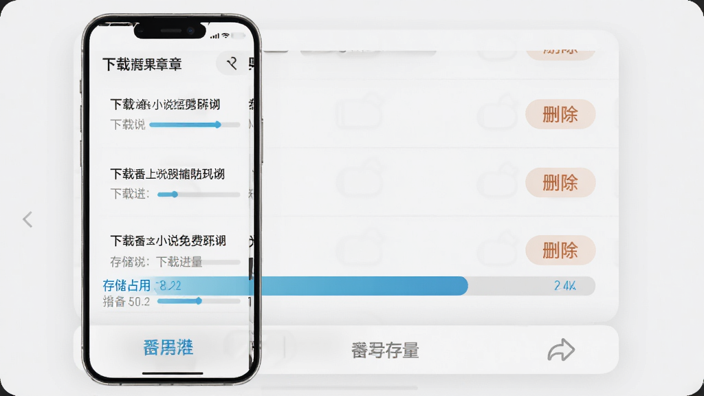 番果小说免费听 离线缓存管理页面,主体为手机屏幕展示已下载章节列表与存储占用条,布局为列表加底部操作栏,排版规整,风格为浅灰质感UI,细节包含下载进度、删除按钮、存储容量提示,画质高清,干净,无多余元素