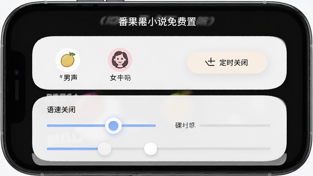 番果小说免费听 语音播放设置界面,主体为手机屏幕展示音色选择与语速调节滑块,布局为上下结构,排版简洁,风格为柔和圆角卡片设计,细节包含男声女声图标、定时关闭按钮、进度条,画质高清,干净,无多余元素