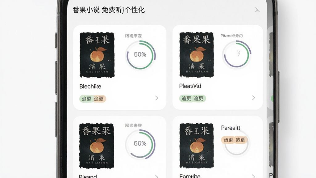 番果小说免费听 个性化书架界面,主体为手机屏幕展示书架网格与阅读进度环,布局为两列卡片排列,排版整齐,风格为素雅极简设计,细节包含封面、书名、进度百分比、追更标签,画质高清,干净,无多余元素