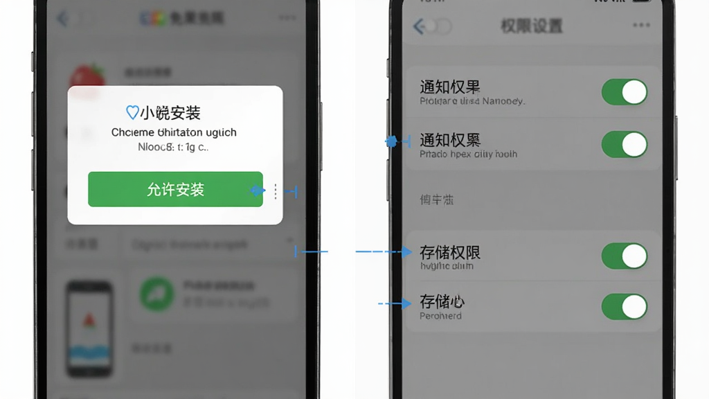 番果小说免费听 手机安装与权限设置示意图,主体为手机屏幕展示安装确认弹窗与权限开关列表,布局为上下分步展示,排版清晰,风格为扁平化教程风格,细节包含允许安装按钮、通知权限开关、存储权限开关,画质高清,干净,无多余元素