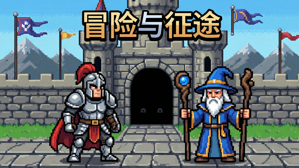 冒险与征途游戏主界面预览图,主体为一位身穿铠甲的战士与一位手持法杖的法师并排站立在城堡门前,布局采用左右对称构图,画面上方居中排版游戏名称“冒险与征途”,风格为复古像素RPG游戏封面,细节包含远处的山脉、飘动的旗帜与地面石板纹理,画质清晰锐利,干净无多余元素