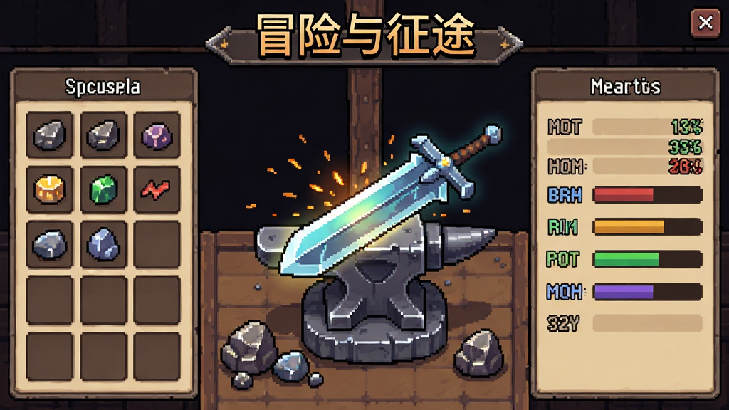 冒险与征途铁匠铺装备打造界面,主体为铁砧上放置着一把发光的巨剑,布局采用左右分栏,左侧为材料栏右侧为属性预览面板,画面顶部居中排版“冒险与征途”字样,风格为像素风经营界面,细节包含火花特效、矿石堆、属性数值条,画质细腻,界面干净无多余装饰