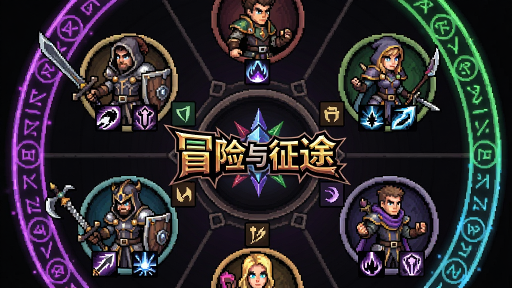 冒险与征途职业选择界面,主体为六位不同职业的角色立绘呈环形排列,布局采用中心对称的轮盘式设计,画面中央排版“冒险与征途”游戏Logo,风格为暗黑魔幻像素风,细节包含每个职业对应的武器与技能图标、背景中的魔法阵光效,画质高清,画面干净整洁