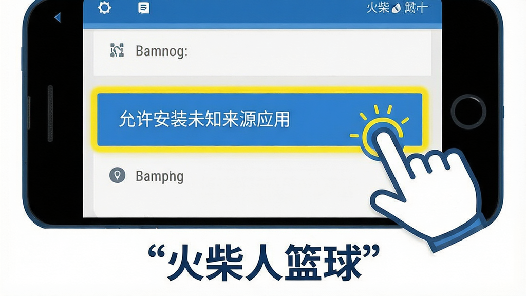 一张手机游戏安装设置步骤示意图,画面展示安卓手机屏幕上的设置菜单,高亮标注“允许安装未知来源应用”选项,旁边有手指点击的图标,画面下方用引号标注“火柴人篮球”,风格为扁平化教程插图,配色以蓝色和白色为主,画质清晰,步骤指示明确,无多余装饰