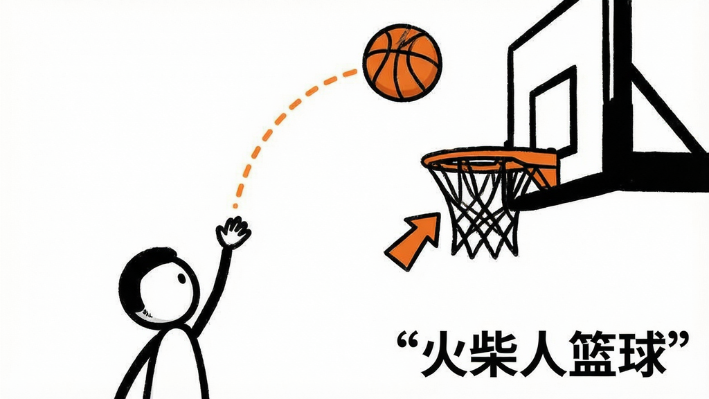一张篮球物理轨迹示意图,画面中一个火柴人球员刚刚出手投篮,篮球在空中划出一道橙色虚线弧线直指篮筐,篮筐下方有反弹箭头示意,画面右下角用引号标注“火柴人篮球”,风格为技术示意图与卡通插画结合,配色以黑、白、橙为主,画质干净,线条清晰,无多余背景元素
