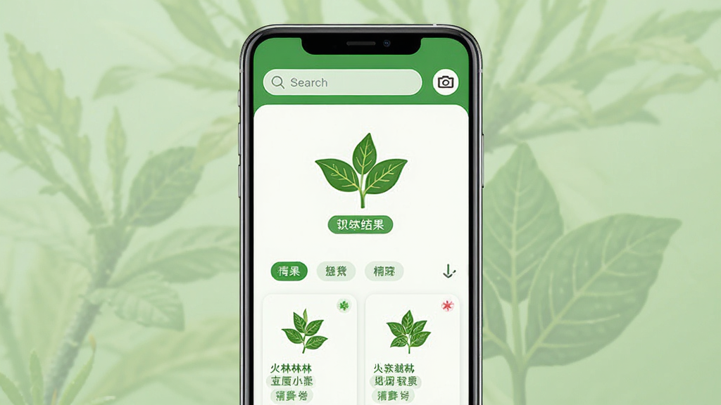 地林林软件主界面展示,主体为一部智能手机屏幕,屏幕中央显示植物识别结果页面,上方有搜索框和相机图标,下方排列植物卡片列表,布局简洁,排版为竖版手机UI,风格清新自然绿色调,细节包括植物叶片图标和分类标签,画质高清干净无多余元素