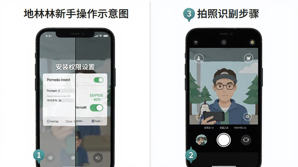地林林新手操作示意图,主体为手机屏幕分屏展示安装权限设置和拍照识别步骤,布局为左右对比排版,风格扁平化教学插图,细节包括权限开关图标和步骤数字标识,画质高清干净无多余元素