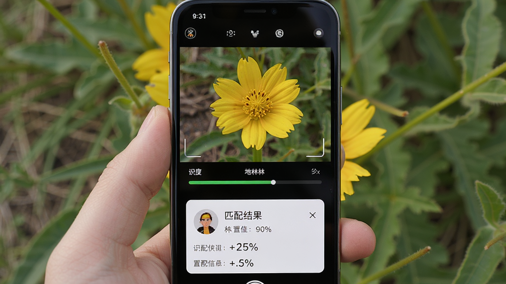 地林林拍照识别功能展示,主体为手机摄像头对准一朵黄色野花,屏幕显示识别进度条和匹配结果,布局为竖版手机界面,排版上方为取景框下方为识别结果卡片,风格写实自然,细节包括花瓣纹理和识别置信度百分比,画质高清干净无多余元素