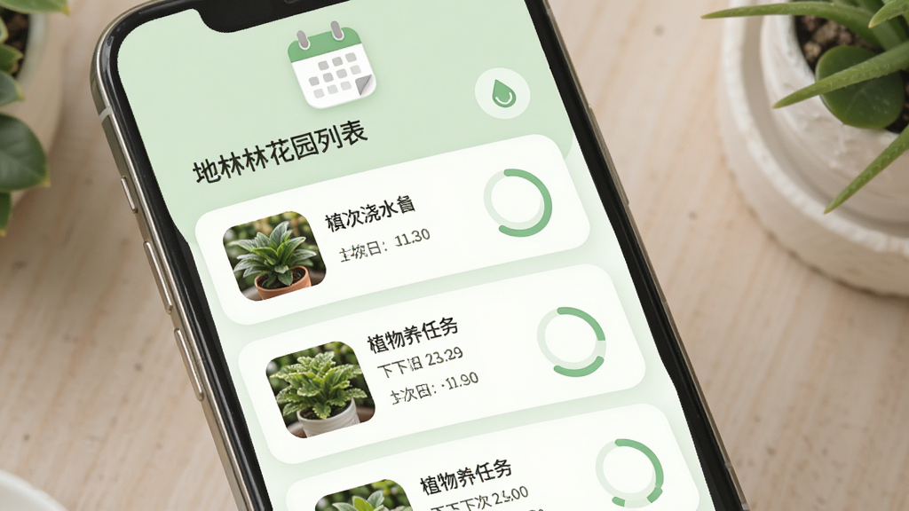 地林林养护提醒界面,主体为手机屏幕显示我的花园列表,每株植物配有缩略图和下次浇水日期,布局为竖版卡片式排列,排版上方为日历图标下方为植物养护任务,风格柔和圆角浅绿色调,细节包括水滴图标和进度环,画质高清干净无多余元素