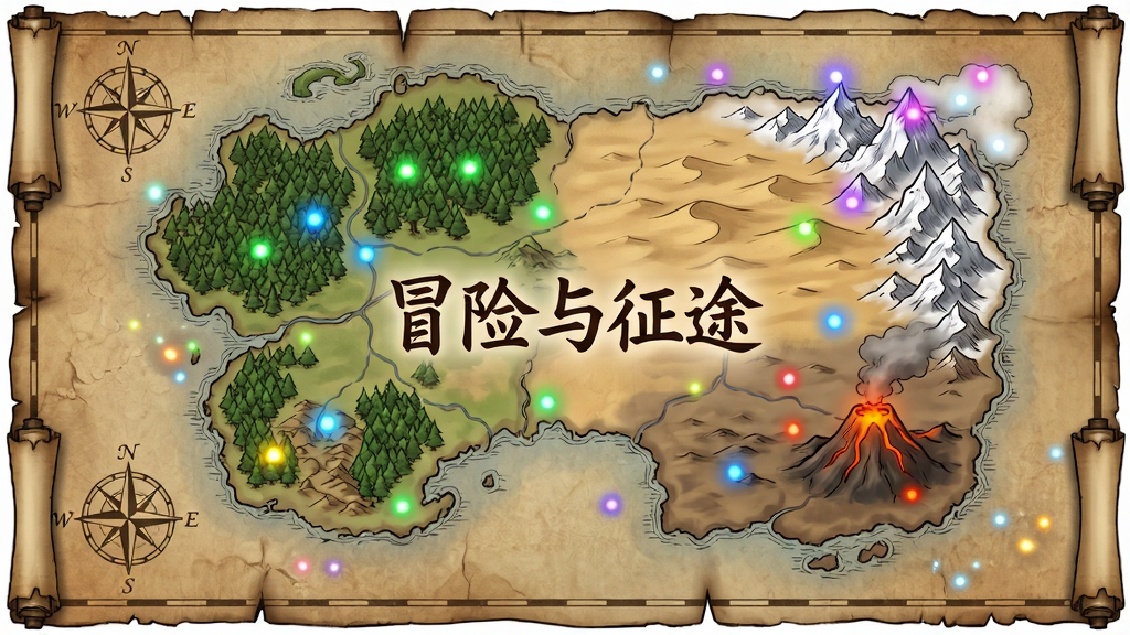 一幅奇幻大陆俯瞰地图,地图上标注着森林、沙漠、雪山、火山四种地貌区域,每个区域有不同颜色的光点标记;地图边缘有指南针与卷轴装饰;画面中央用艺术字体写着“冒险与征途”;布局为横向宽幅;风格为复古羊皮纸手绘风;细节包括地图纹理、光点晕染、卷轴边缘破损效果;画质干净清晰,无多余元素。