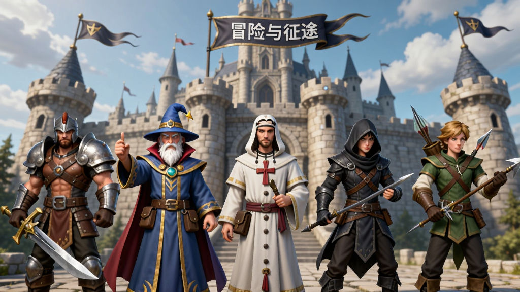 画面展示五位不同职业的游戏角色并排站立,分别是战士、法师、牧师、刺客、射手,他们身后是一座宏伟的公会城堡;城堡上方飘扬着旗帜,旗帜上有“冒险与征途”字样;布局为横版英雄合影式;风格为欧美奇幻游戏宣传画;细节包括角色武器光泽、城堡石砖纹理、天空云层;画质高清干净,无多余元素。