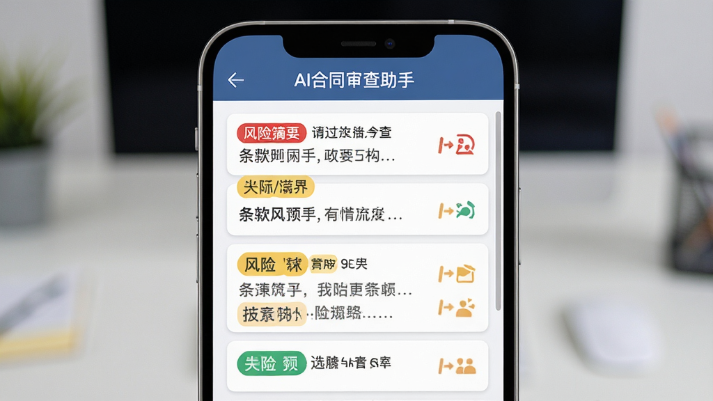 AI合同审查助手软件界面截图,主体为手机屏幕展示合同条款风险标注,布局为顶部标题栏加中间合同文本列表,排版采用红黄绿三色标签区分风险等级,风格为简洁商务扁平化设计,细节包含条款摘要卡片和风险等级图标,画质清晰干净无多余元素