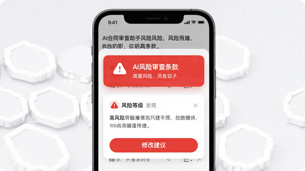 AI合同审查助手风险预警功能展示图,主体为手机弹窗提示高风险条款,布局为上方合同原文下方风险说明卡片,排版采用红色警示标识搭配文字解读,风格为现代简约界面设计,细节包含风险等级图标和修改建议按钮,画质清晰干净无多余元素