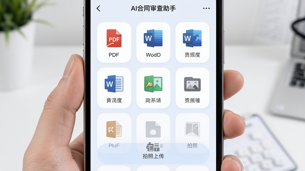 AI合同审查助手多格式导入界面,主体为手机屏幕展示文件选择与拍照上传入口,布局为宫格排列的格式图标,排版采用圆角卡片式设计,风格为清新浅色系移动端界面,细节包含PDF、Word、图片等格式标识,画质清晰干净无多余元素