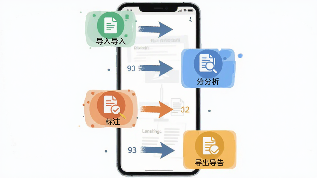 AI合同审查助手手机端操作流程示意图,主体为手机屏幕展示从导入合同到生成报告的步骤,布局为纵向流程图排列四个操作节点,排版采用箭头连接各步骤,风格为扁平化教程图示,细节包含导入、分析、标注、导出四个环节图标,画质清晰干净无多余元素