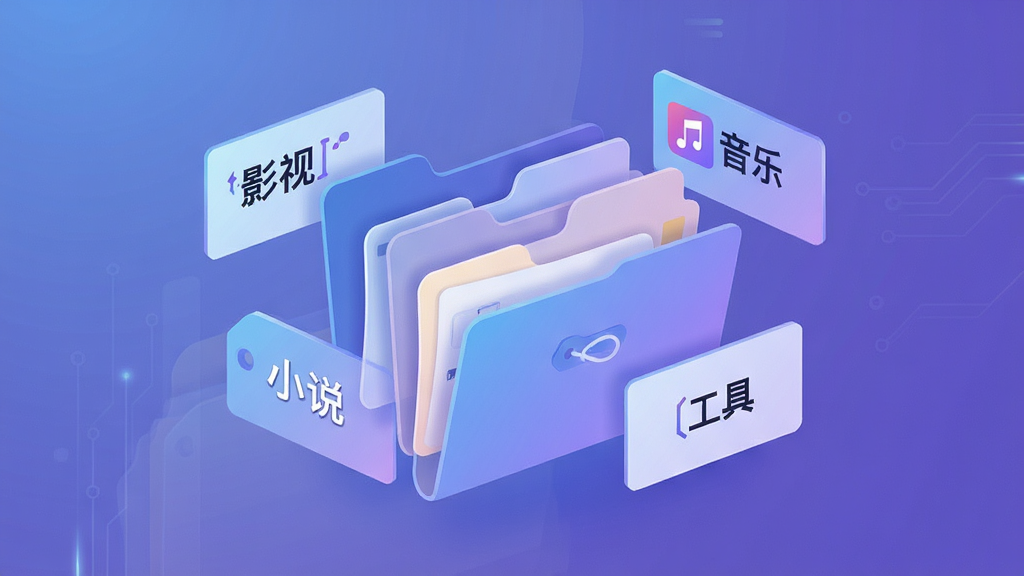 一幅展现wuwubox资资源分类界面的概念图,画面主体为悬浮在空中的多层文件夹与标签卡片,卡片上分别标注影视、音乐、小说、工具等分类字样,布局错落有致,风格为科技感扁平插画,细节包含柔和的蓝紫渐变光影,画质高清,干净,无多余元素