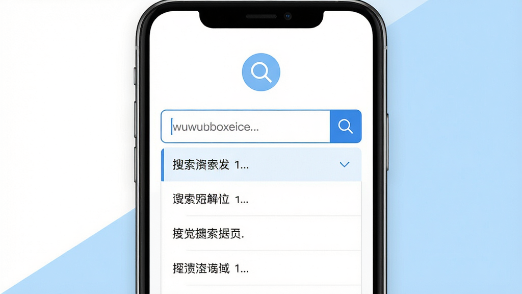 一张表现wuwubox资搜索功能的界面示意图,画面中央为手机屏幕,屏幕内显示搜索输入框与下拉联想词列表,搜索框上方有放大镜图标,背景为纯白与浅蓝搭配,风格清爽简约,细节包含文字与图标的清晰排版,画质锐利,干净,无多余元素