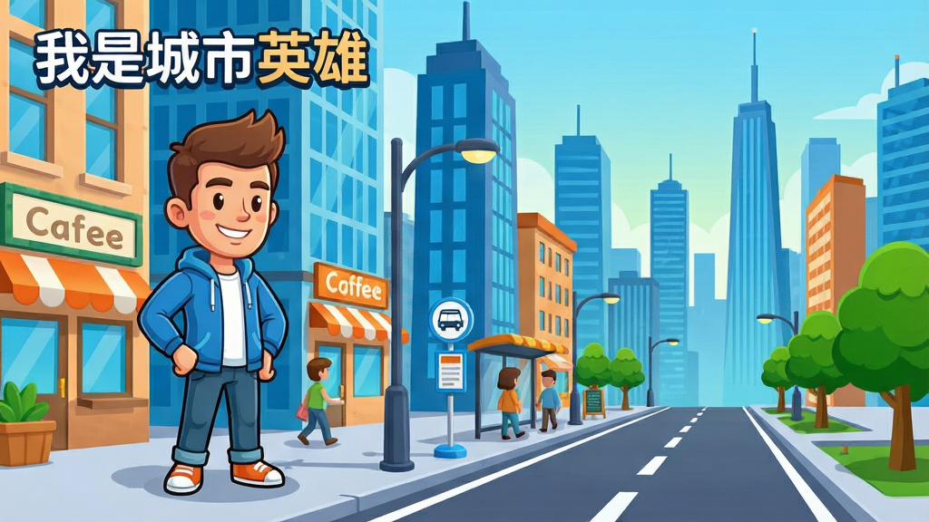 一幅以现代都市为背景的卡通风格游戏画面,画面中央是“我是城市英雄”游戏的标志性角色,身穿休闲装,站在繁华的城市街道上,周围有高楼大厦、商店、路灯和来往的行人,画面布局采用三分法构图,角色位于左侧三分之一处,右侧展示城市天际线,整体风格清新明快,色彩以蓝、橙、绿为主色调,细节包括街边咖啡店、公交站牌、绿化树木,画质高清,画面干净,无多余元素