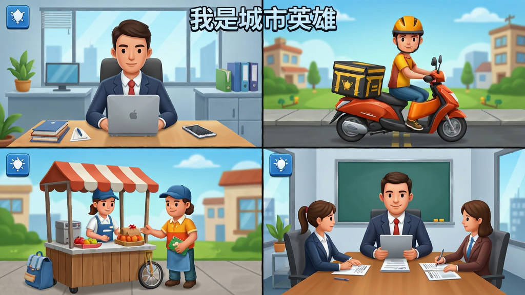 一幅展示“我是城市英雄”游戏中多元职业选择的插画,画面分为四个象限,分别描绘白领办公、外卖骑手送餐、创业者摆摊、公司高管开会四个场景,布局对称,风格统一为卡通写实混合风,细节包括职业服装、道具、背景环境,画质高清,画面干净,无多余元素