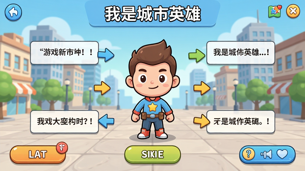 一幅展示“我是城市英雄”游戏新手引导界面的图片,画面中央是一个卡通角色站在城市广场上,周围有箭头指示和文字提示框,布局简洁明了,风格为清新卡通,细节包括角色表情、UI按钮、提示图标,画质高清,画面干净,无多余元素
