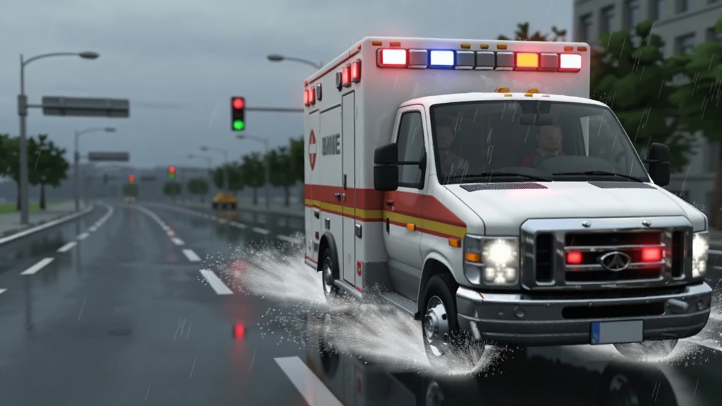一辆救护车在雨天城市道路上行驶,车身溅起水花,画面主体为救护车侧前方视角,布局上车辆位于画面右侧,左侧留出道路延伸空间,风格为写实3D游戏画面,细节包括雨滴、湿滑路面反光、远处红绿灯,画质高清,干净,无多余元素