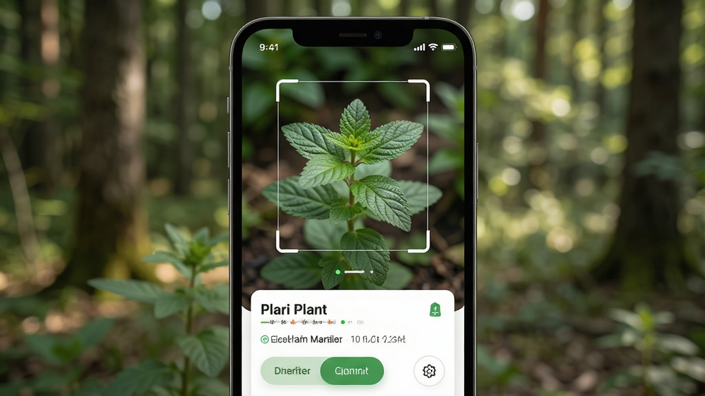 一张手机屏幕展示植物识别APP界面,画面中央是一株绿色草本植物被框选识别,屏幕下方显示植物名称与详情卡片,背景是户外林地环境,主体突出手机与植物,布局为居中特写,排版简洁清晰,风格为写实科技感,细节包括叶片纹理、UI按钮、自然光线,画质高清,干净,无多余元素