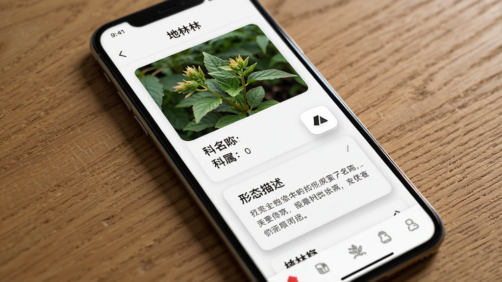 手机屏幕展示“地林林”植物详情页,页面包含植物图片、学名、科属、形态描述文字卡片,背景为木质桌面,主体为手机界面,布局为垂直排列的信息流,风格为简约阅读风,细节包括文字排版、图标、卡片阴影,画质高清,干净,无多余元素