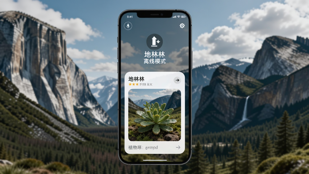 手机屏幕显示“地林林”离线模式提示与植物识别结果,背景为山谷与远山,主体为手机与自然景观,布局为手机居中、风景环绕,风格为户外探险风,细节包括离线图标、识别结果卡片、天空云层,画质高清,干净,无多余元素
