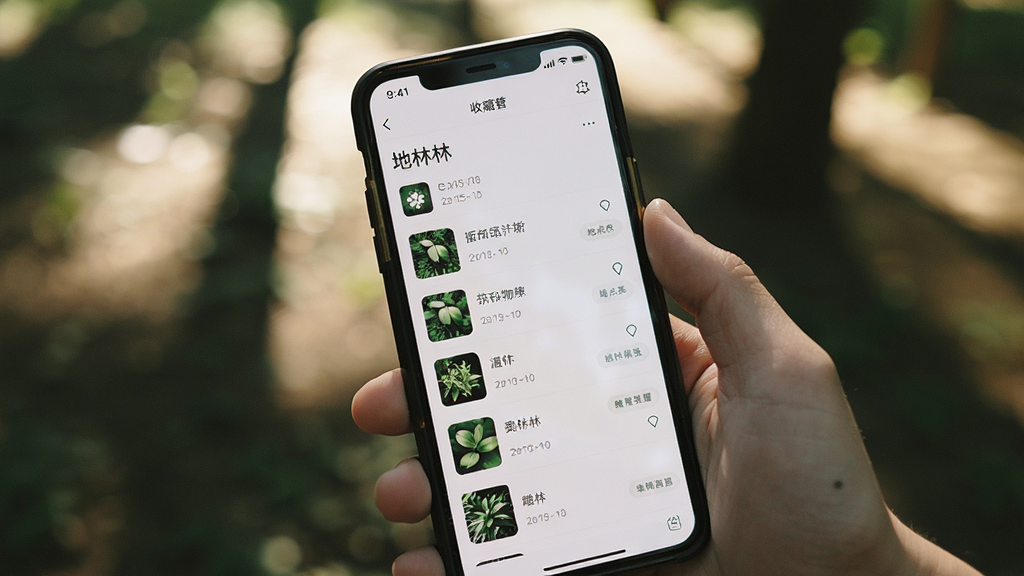 手持手机展示“地林林”收藏夹列表界面,列表中包含多种植物缩略图与名称,右侧有地点标签,背景为阳光下的树林,主体为手机屏幕与手,布局为近景俯视,风格为生活记录风,细节包括列表项图标、日期文字、自然光斑,画质清晰,干净,无多余元素