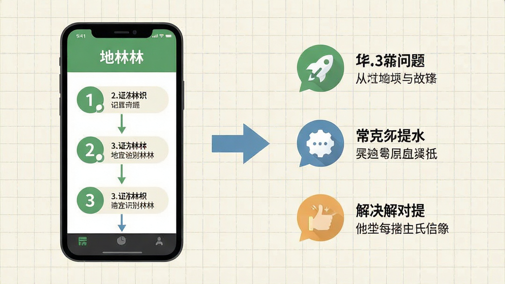 一张信息图风格画面,左侧为手机展示“地林林”识别步骤,右侧为常见问题图标与解决提示,中间有箭头连接,背景为浅色网格,主体为流程图与手机界面,布局为左右分栏,风格为扁平化教程风,细节包括步骤编号、图标、文字标注,画质清晰,干净,无多余元素