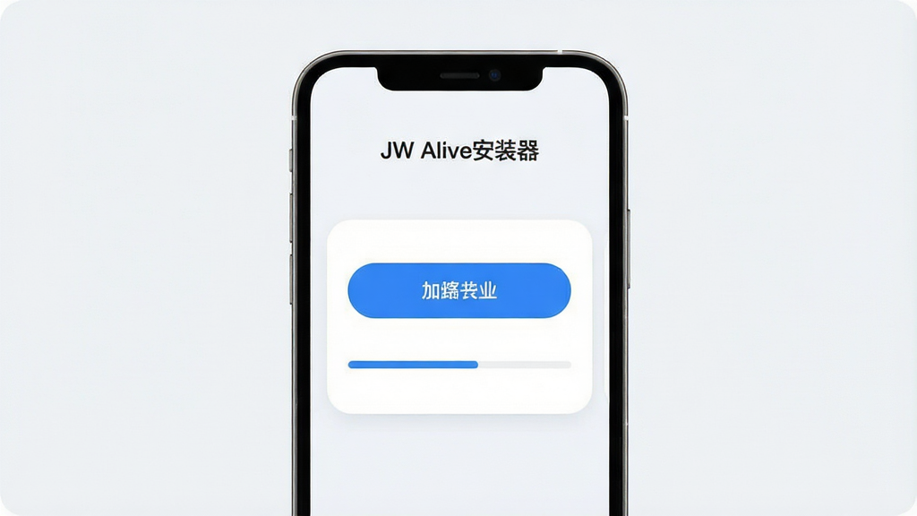 一张干净简洁的软件界面展示图,主体为手机屏幕显示“JW Alive安装器”应用主界面,布局中央是醒目的安装按钮与进度条,排版采用上下结构,风格为现代科技感扁平化设计,细节包含浅色背景、圆角卡片、蓝色主色调按钮,画质清晰,干净,无多余元素