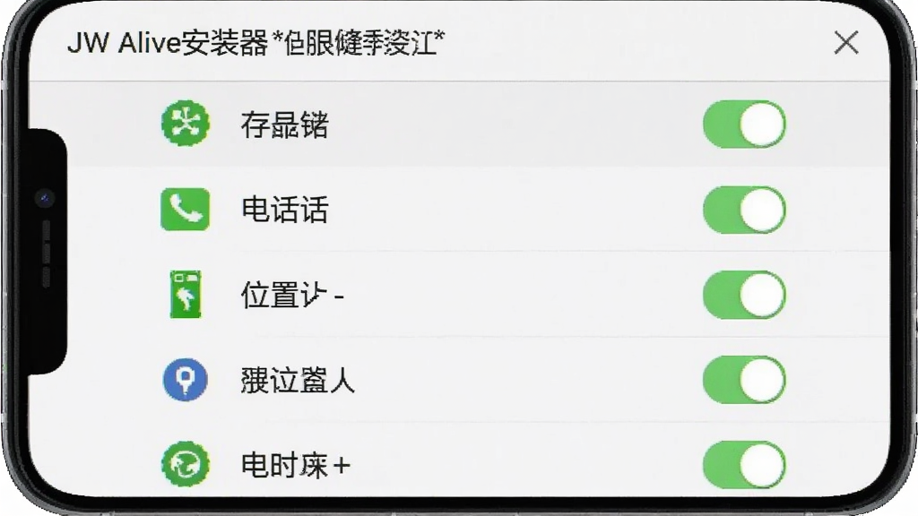 一张手机屏幕截图展示“JW Alive安装器”的权限设置界面,主体为权限开关列表,布局为竖向排列,风格为系统原生UI风格,细节包含存储、电话、位置等权限图标,画质清晰,干净,无多余元素