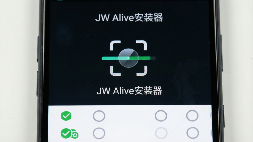 一部安卓手机屏幕特写,画面中央显示“JW Alive安装器”正在扫描系统环境的进度动画,主体是手机与扫描图标,布局为居中构图,风格为简约科技风,细节包含绿色对勾标记与灰色未完成项,画质清晰,干净,无多余元素