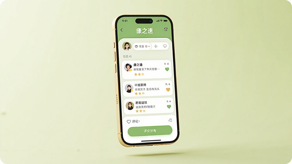 画面呈现一部手机悬浮在浅绿色背景中,手机屏幕上显示