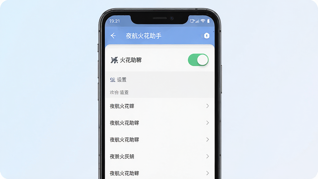 夜航火花助手设置页面示意图,画面中一部安卓手机显示“夜航火花助手”的设置菜单界面,包含开关按钮和选项列表,背景为柔和浅色,排版简洁有序,风格清爽,细节清晰,画质高清,无杂乱元素