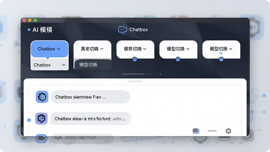 一张展示 Chatbox 多模型切换功能的界面图,画面主体为 Chatbox 软件窗口,顶部显示多个 AI 模型名称选项,下方是对话区域,布局清晰,排版采用卡片式设计,风格简洁商务,细节包含下拉菜单、模型图标与选中状态,画质高清,干净,无多余元素,图片中文字带有“Chatbox”和“模型切换”字样