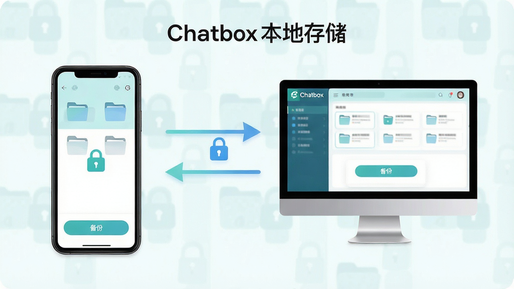 一张展示 Chatbox 本地数据存储与备份功能的示意图,画面主体为手机和电脑同时显示 Chatbox 界面,中间有数据同步箭头,布局左右对称,排版简洁,风格清新浅色,细节包含文件夹图标、锁形安全标志与备份按钮,画质高清,干净,无多余元素,图片中文字带有“Chatbox 本地存储”字样