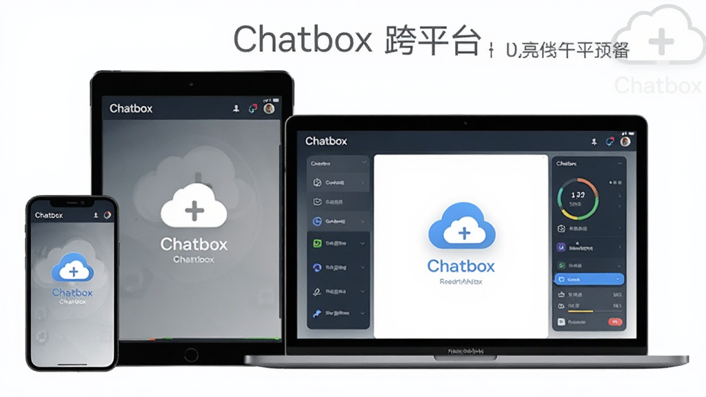 一张展示 Chatbox 跨平台多设备同步的预览图,画面主体为手机、平板、笔记本电脑三种设备并排显示 Chatbox 界面,布局横向排列,排版均衡,风格现代科技,细节包含同步云图标与统一界面元素,画质高清,干净,无多余元素,图片中文字带有“Chatbox 跨平台”字样