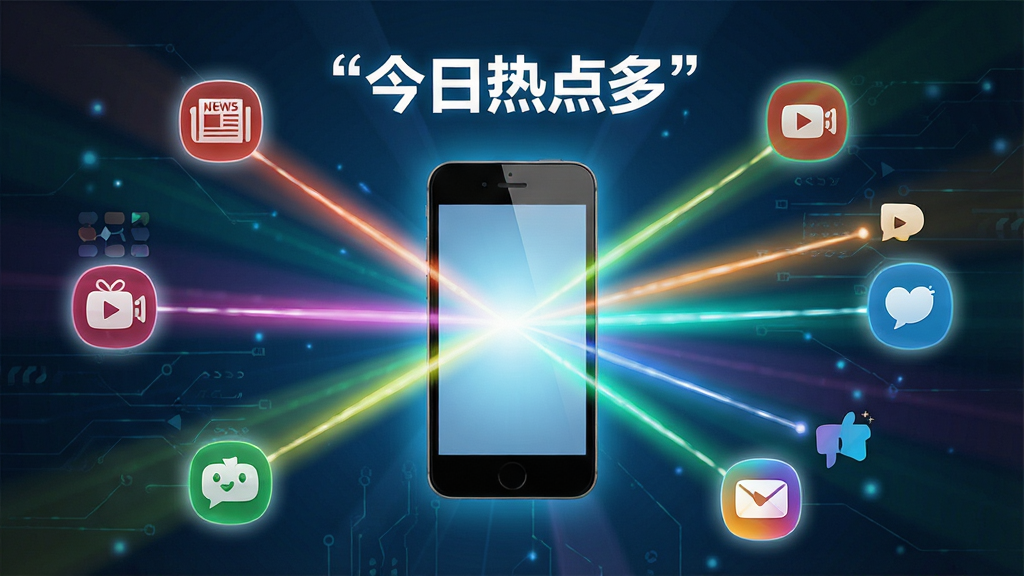 一张信息聚合概念图,画面中央是一部手机,手机屏幕向外发散出多条彩色光线,每条光线连接着不同的图标,代表新闻、视频、社交等平台,手机上方用引号标注
