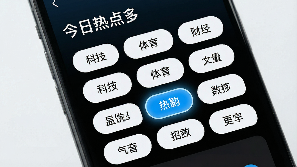 一张展示个性化筛选功能的界面图,手机屏幕上显示多个兴趣标签按钮,如科技、体育、财经等,其中一个标签被高亮选中,屏幕顶部有