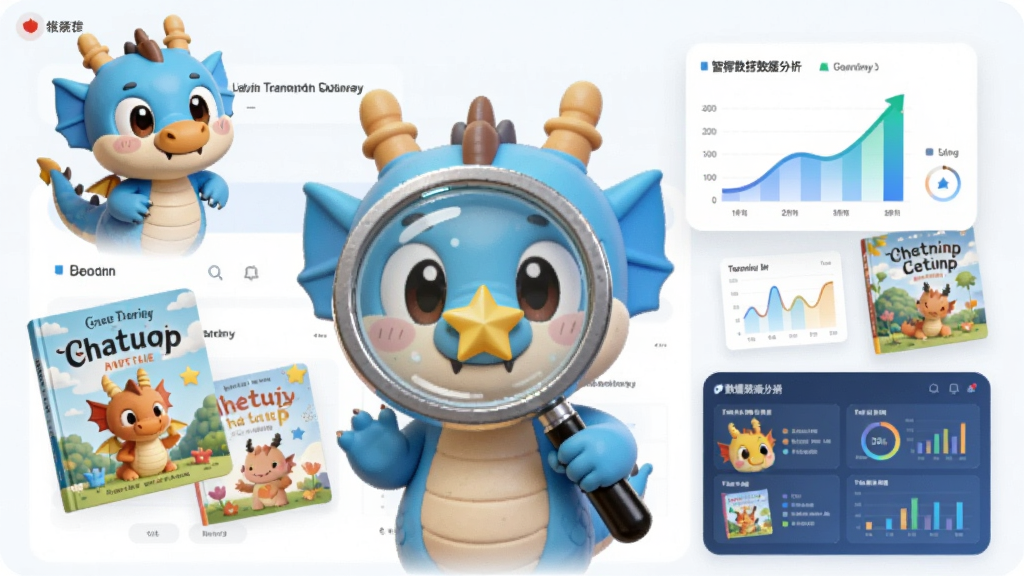 一个智能推荐界面示意图,画面中央是卡通小伴龙拿着一个放大镜,周围漂浮着各种绘本封面和数据分析图表。主体是小伴龙和推荐界面,布局为左上角小伴龙、右下角数据面板。排版清晰,风格为科技感与卡通结合。细节包括图表上的上升曲线、绘本封面缩略图、放大镜中的星星。画质高清,干净无多余元素。