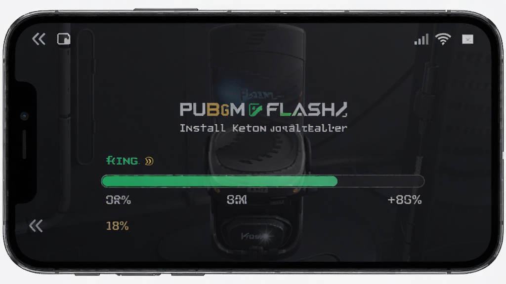 һ��AI���ɵ�ͼƬ��������PUBGM FLASH��װ�����ֻ������а�װ�Ľ��棬����Ϊ�ֻ�����չʾ���Ű�ͻ����������״̬���֣����Ϊдʵ�Ƽ��磬ϸ�ڰ�����װ���ȰٷֱȺ������ź�ͼ�꣬�����������ɾ����޶���Ԫ��